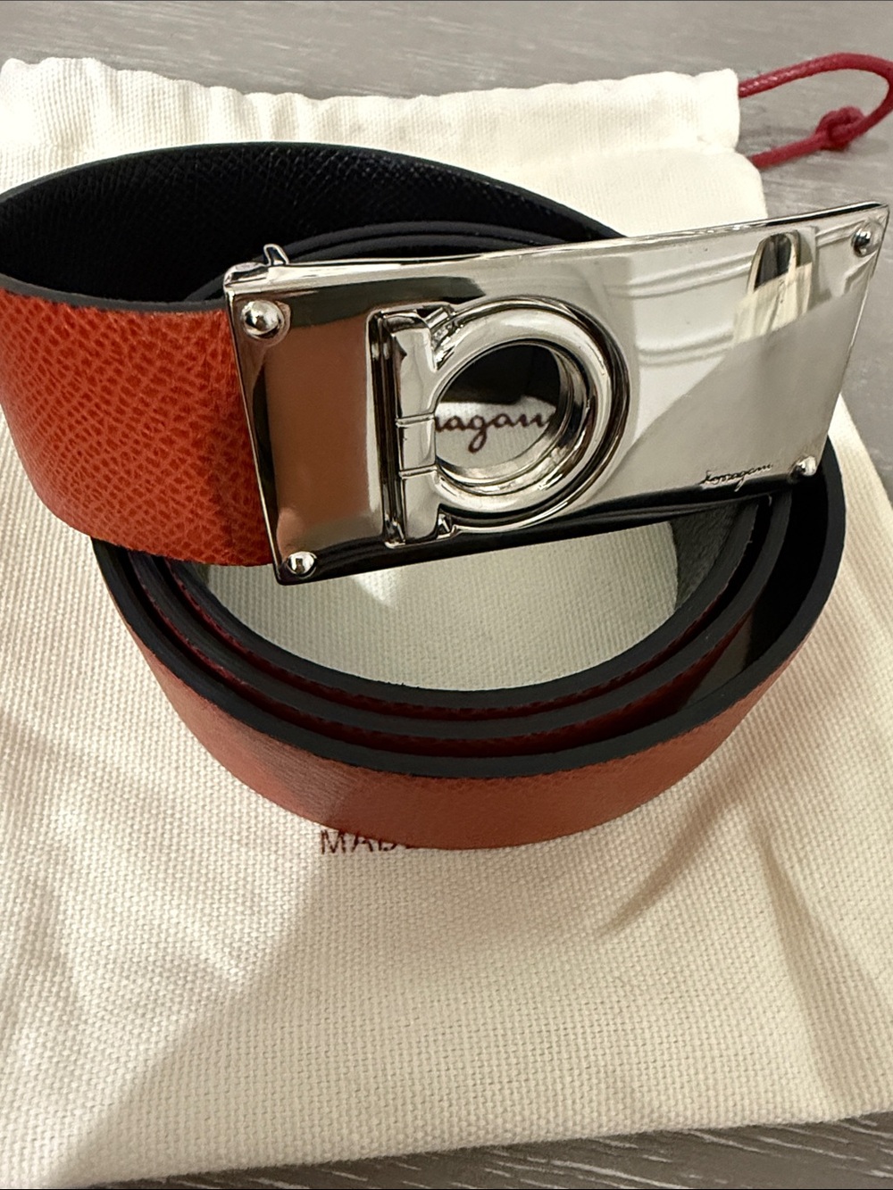 Salvatore Ferragamo Orange Leather Women’s Belt with Silver Signature Buckle